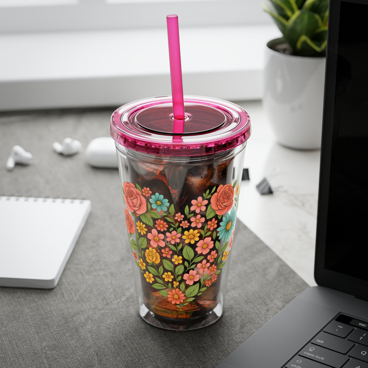 Floral Heart Tumbler with Straw — 16oz Sunsplash Floral Travel Cup