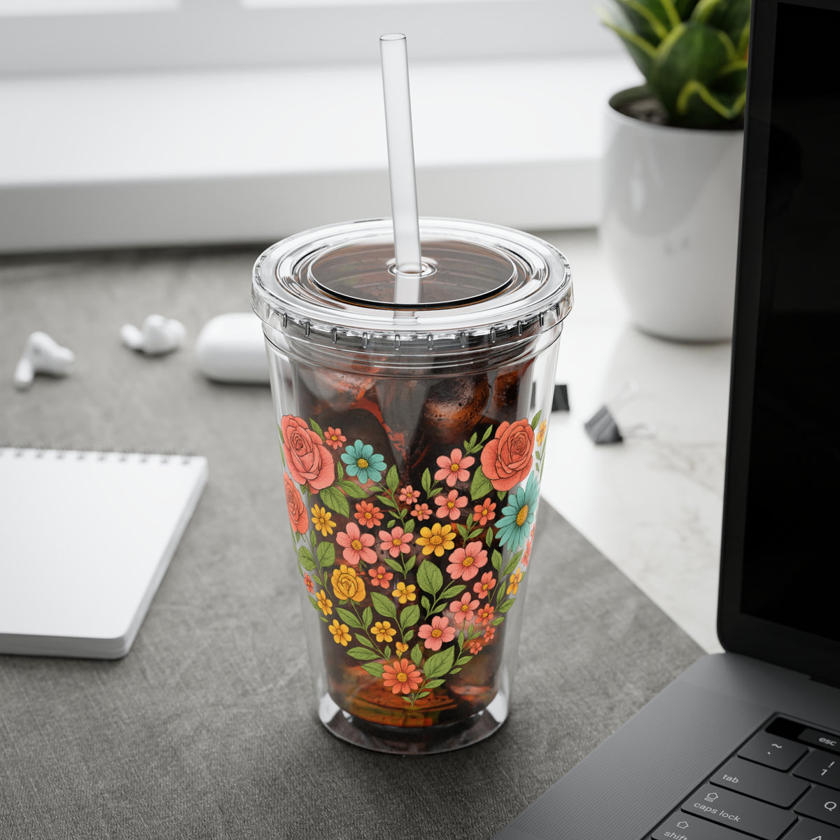 Floral Heart Tumbler with Straw — 16oz Sunsplash Floral Travel Cup
