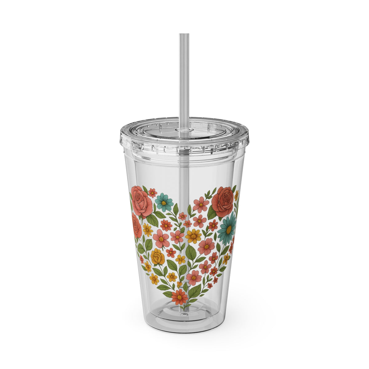 Floral Heart Tumbler with Straw — 16oz Sunsplash Floral Travel Cup