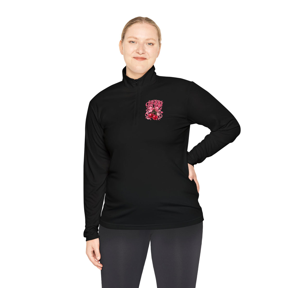 Quarter-Zip Pullover — Pink Floral Skull Chest Embroidered Design
