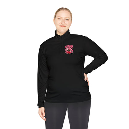 Quarter-Zip Pullover — Pink Floral Skull Chest Embroidered Design