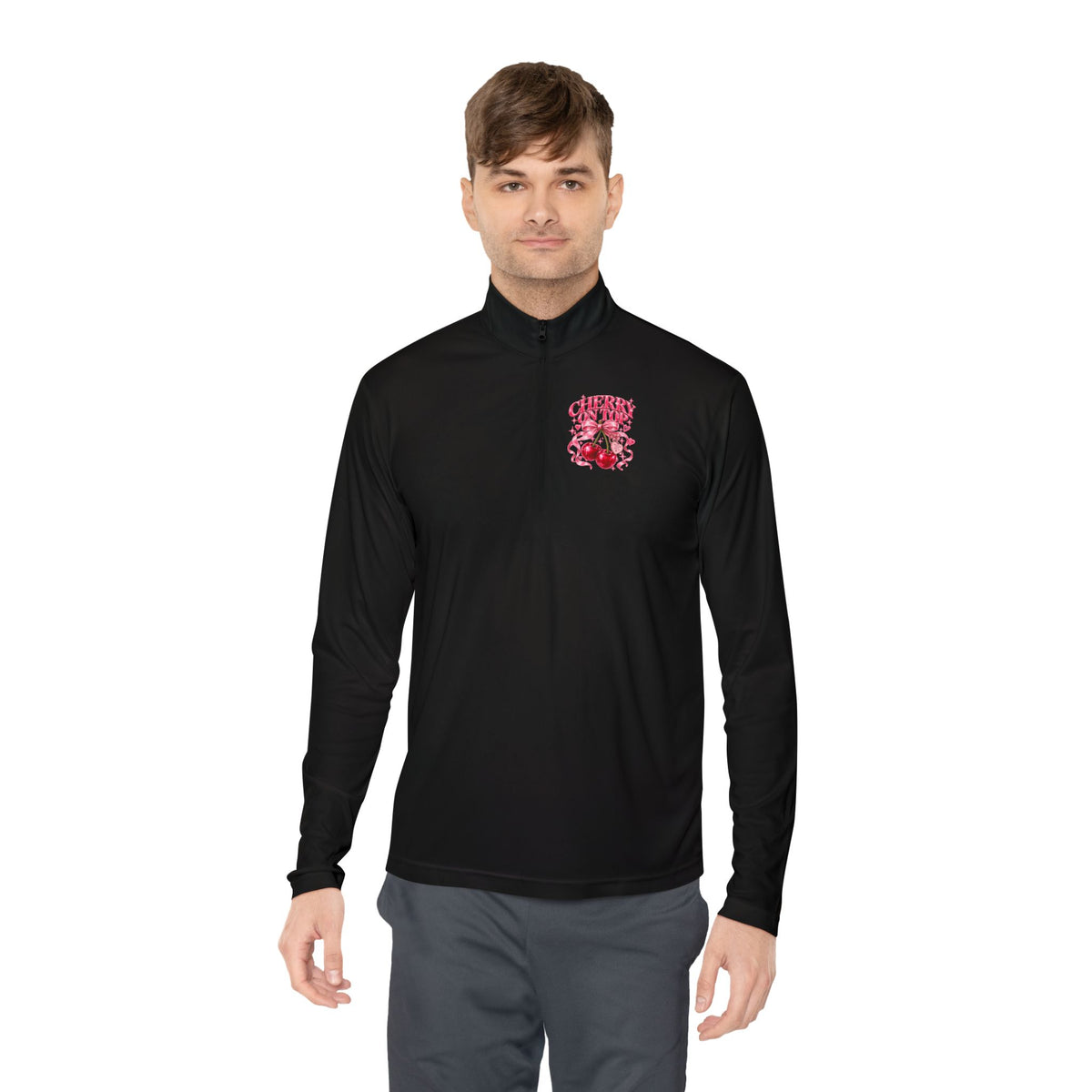 Quarter-Zip Pullover — Pink Floral Skull Chest Embroidered Design
