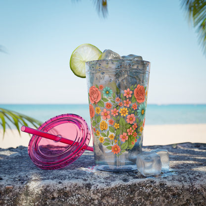 Floral Heart Tumbler with Straw — 16oz Sunsplash Floral Travel Cup