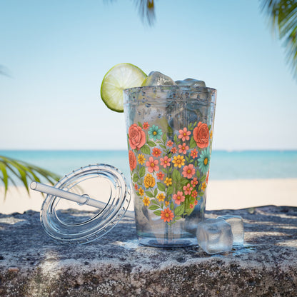 Floral Heart Tumbler with Straw — 16oz Sunsplash Floral Travel Cup