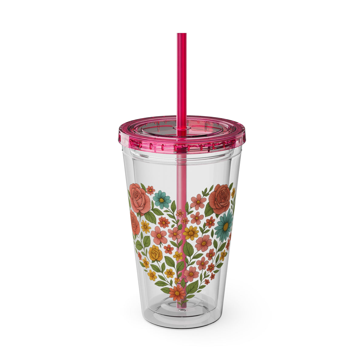 Floral Heart Tumbler with Straw — 16oz Sunsplash Floral Travel Cup