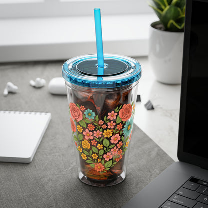 Floral Heart Tumbler with Straw — 16oz Sunsplash Floral Travel Cup
