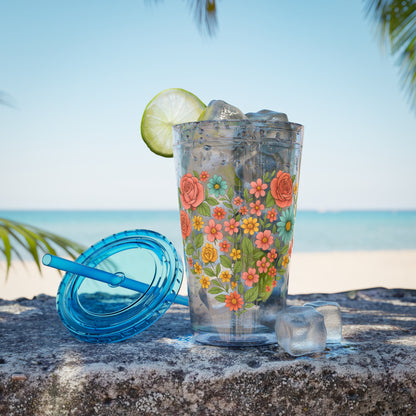 Floral Heart Tumbler with Straw — 16oz Sunsplash Floral Travel Cup