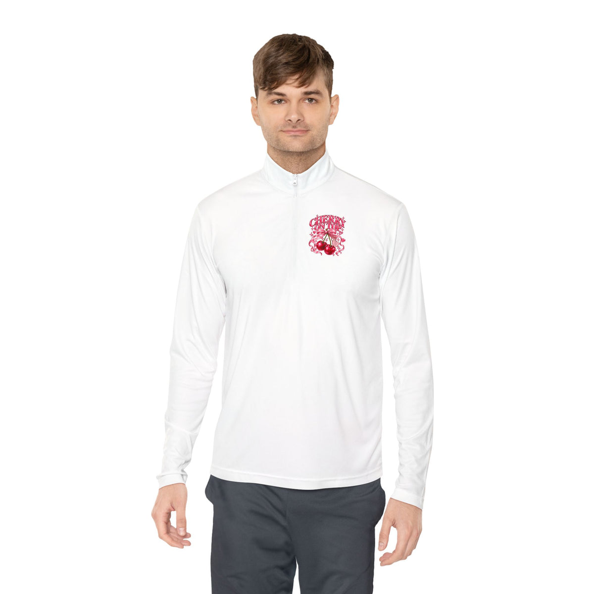 Quarter-Zip Pullover — Pink Floral Skull Chest Embroidered Design