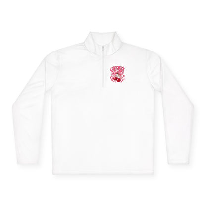 Quarter-Zip Pullover — Pink Floral Skull Chest Embroidered Design