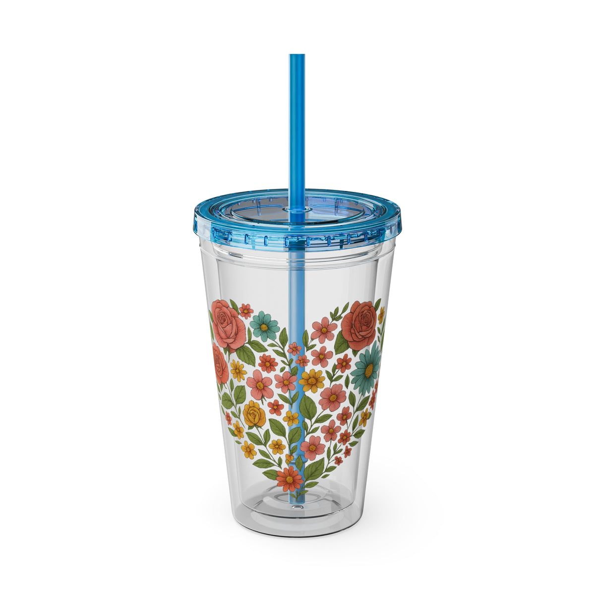 Floral Heart Tumbler with Straw — 16oz Sunsplash Floral Travel Cup