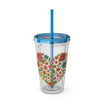 Floral Heart Tumbler with Straw — 16oz Sunsplash Floral Travel Cup